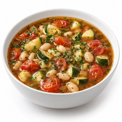 Zucchini & Tomato White Bean Soup with Glazed Onion Balsamic Vinegar — recipe serving suggestion