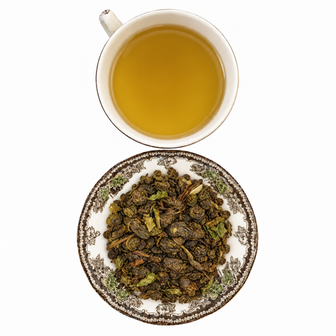 Moroccan Mint Tea loose-leaf tea with brewed tea on a white background