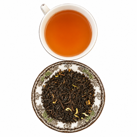 Decaf Mango loose tea and brewed cup