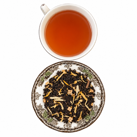 Decaf Peach loose tea and brewed cup