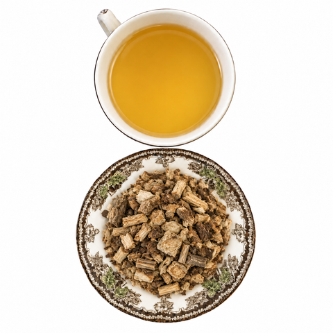 Angelica Root dry product and prepared infusion on a white background