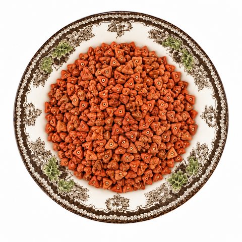 Annatto Seed, whole dry product on a floral transferware plate against a white background