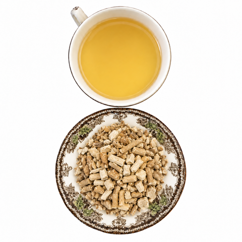 Ashwagandha Root, Organic dry product and prepared infusion on a white background