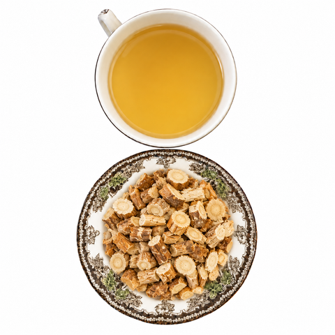 Astragalus Root dry product and prepared infusion on a white background