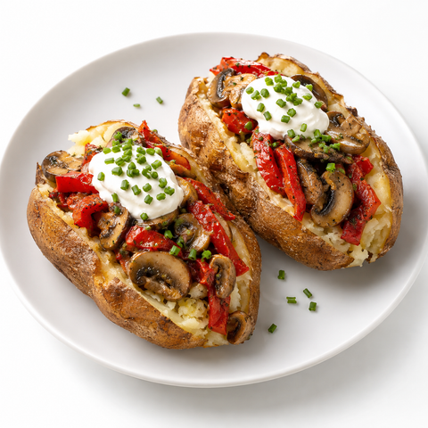Mushroom & Roasted Pepper Loaded Baked Potatoes with Bacon Olive Oil — recipe serving suggestion