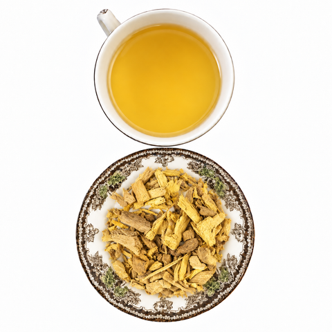 Barberry Root Bark dry product and prepared infusion on a white background