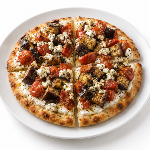 Eggplant & Tomato Flatbread with Basil Olive Oil — recipe serving suggestion
