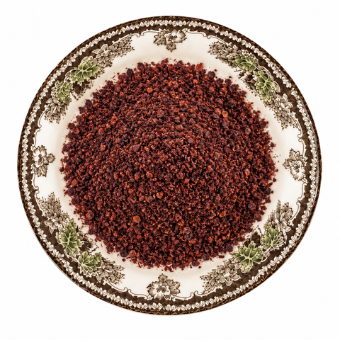 Sumac Ground dried product on a floral transferware plate
