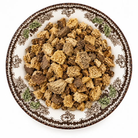 Turkey Rhubarb Root, Organic dried product on a floral transferware plate