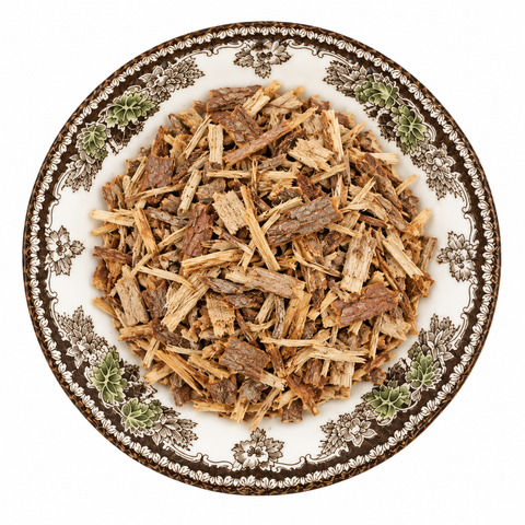 White Pine Bark dried product on a floral transferware plate