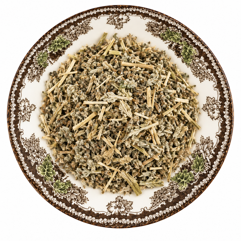 Wormwood dried product on a floral transferware plate