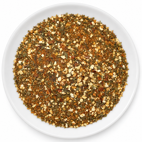 Garlic Bread Seasoning dry spice blend on a plain white plate
