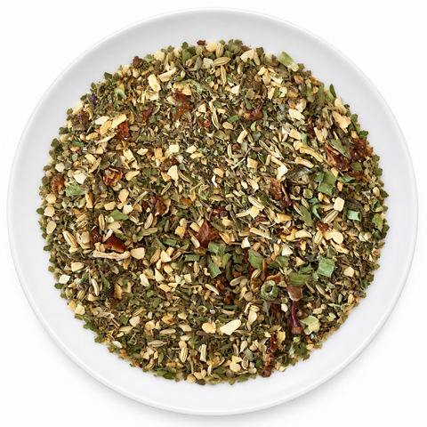 Pizza Seasoning dry spice blend on a plain white plate