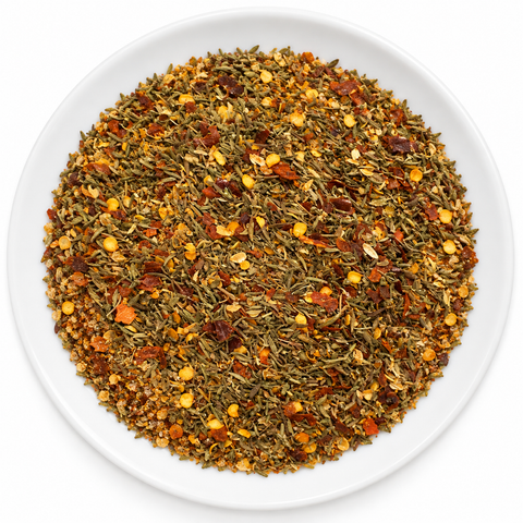 Sweet Heat Medley dry spice on a plain white plate against a white background