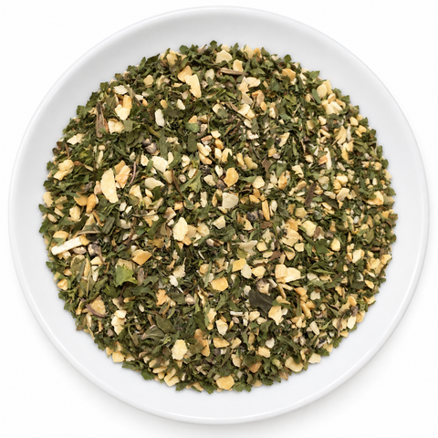 Tzatziki Seasoning dry spice on a plain white plate against a white background