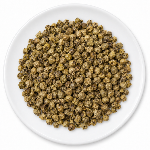 Peppercorn, Green, whole on a plain white plate