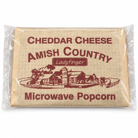 Amish Country Cheddar Cheese Ladyfinger Microwave Popcorn packet on a white background