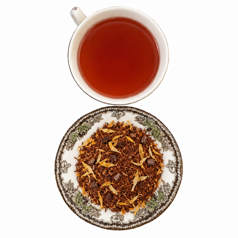 Belgian Chocolate Tea dry tea and prepared tea on a white background