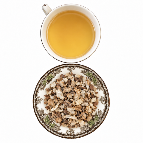 Birch Bark dry product and prepared infusion on a white background