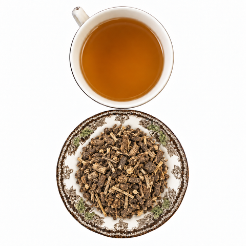 Black Cohosh Root Organic dry product and prepared infusion on a white background