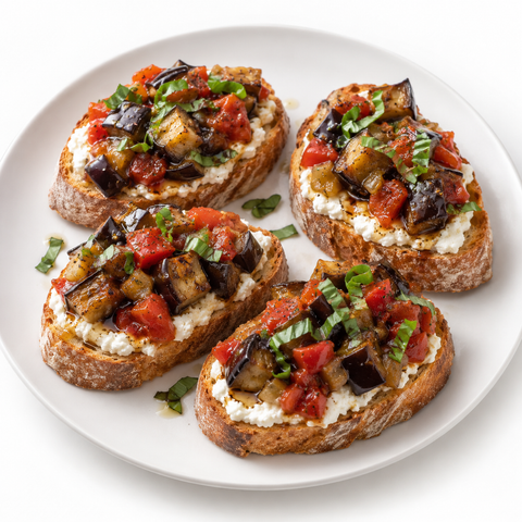 Eggplant & Tomato Ricotta Toasts with Blackberry Balsamic Vinegar — recipe serving suggestion