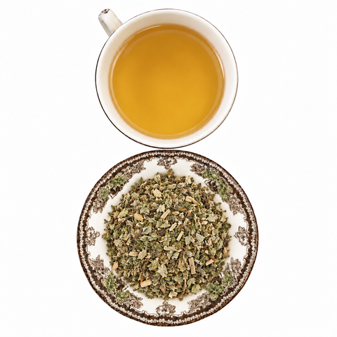 Blackberry Leaf dry product and prepared infusion on a white background