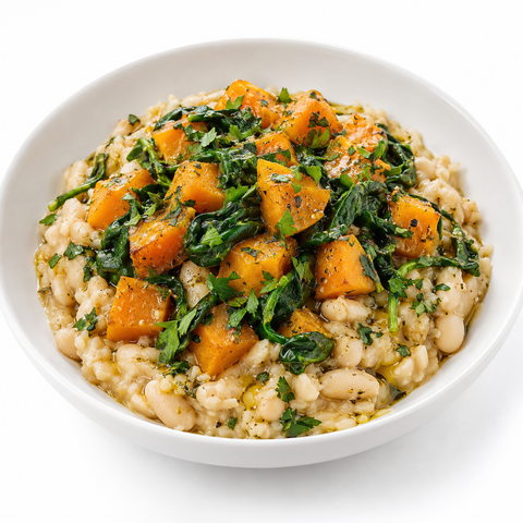 Pumpkin & Spinach White Bean Mash with Blood Orange Extra Virgin Olive Oil — recipe serving suggestion