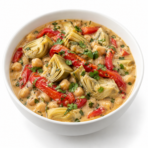 Artichoke & Roasted Pepper Coconut Vegetable Stew with Blood Orange Olive Oil — recipe serving suggestion