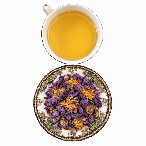 Blue Lotus Flower dry product and prepared infusion on a white background