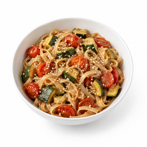 Zucchini & Tomato Sesame Noodle Bowls with Blueberry Balsamic Vinegar — serving suggestion