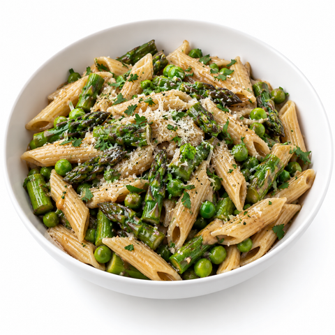 Asparagus & Pea Pasta Toss with Blueberry Balsamic Vinegar — recipe serving suggestion