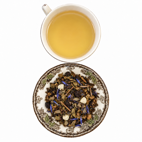 Blueberry Bonbon loose-leaf tea with brewed tea on a white background
