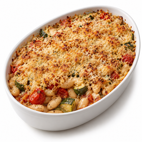 Zucchini & Tomato Butter Bean Gratin with Blueberry Vinegar — recipe serving suggestion