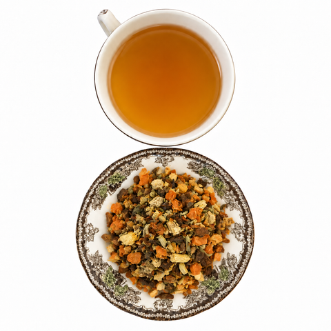 Botanical Balance Blend dry tea and prepared tea on a white background
