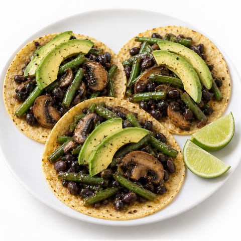 Green Bean & Mushroom Black Bean Tacos with Bourbon Balsamic Vinegar — recipe serving suggestion