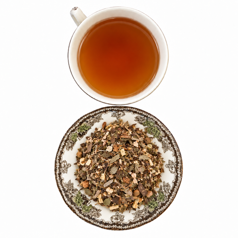 Breathe Well dry tea and prepared tea on a white background