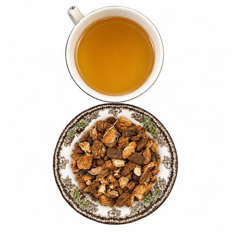 Burdock Root Organic dry product and prepared infusion on a white background