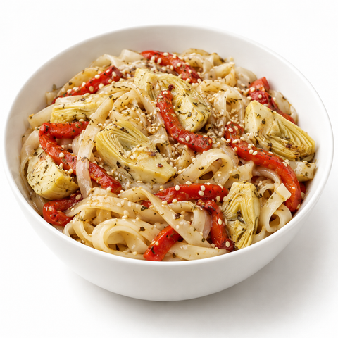 Artichoke & Roasted Pepper Sesame Noodle Bowls with Butter Olive Oil — recipe serving suggestion