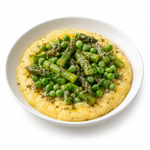 Asparagus & Pea Creamy Polenta Bowls with Butter Olive Oil — serving suggestion