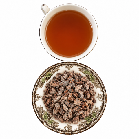 Cacao Nibs dry product and prepared infusion on a white background