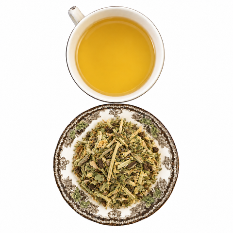 California Poppy dry product and prepared infusion on a white background