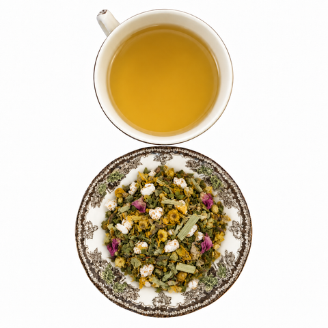 Calm CBD dry tea and prepared tea on a white background