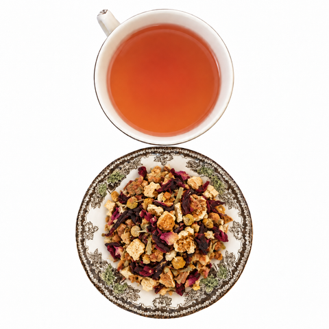 Calming Peach dry tea and prepared tea on a white background