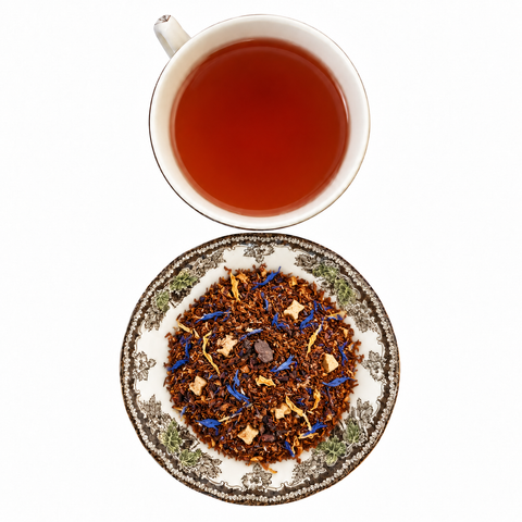 Caramel Nut Truffle dry tea and prepared tea on a white background