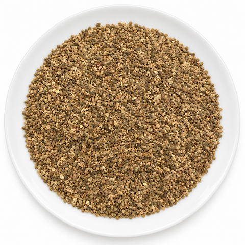 Celery Seed, whole dry product on a plain white plate against a white background
