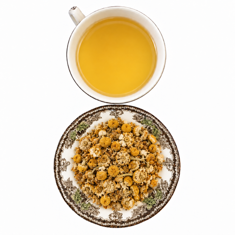 Chamomile, organic whole dry product and prepared infusion on a white background
