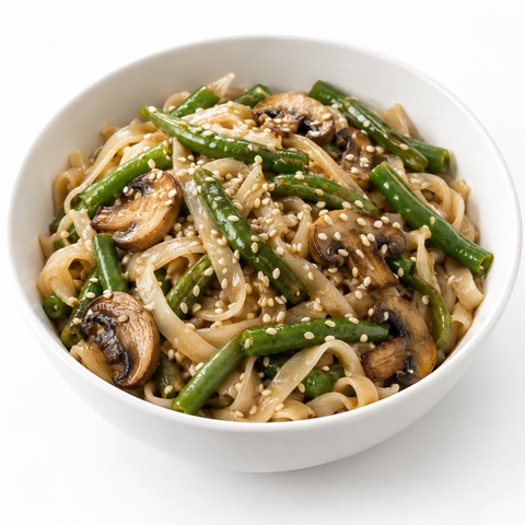 Green Bean & Mushroom Sesame Noodle Bowls with Champagne Balsamic — recipe serving suggestion