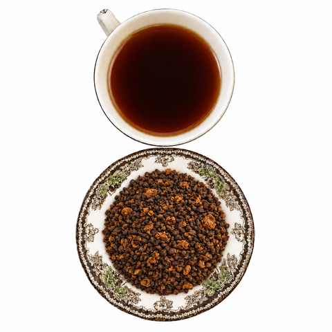 Chicory Root Roasted dry product and prepared infusion on a white background