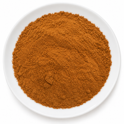 Cinnamon (Vietnamese) Powder dry product on a plain white plate against a white background