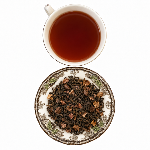Coffee Lovers Tea 2.0 loose-leaf tea with brewed tea on a white background